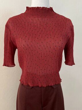 Azalea Arabian Spice Polka Dot Crinkle Stretch Sheer Mock Neck Crop Top Size S